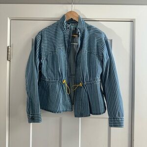 Future Collective Striped Peplum Denim Jacket with Yellow Accents
